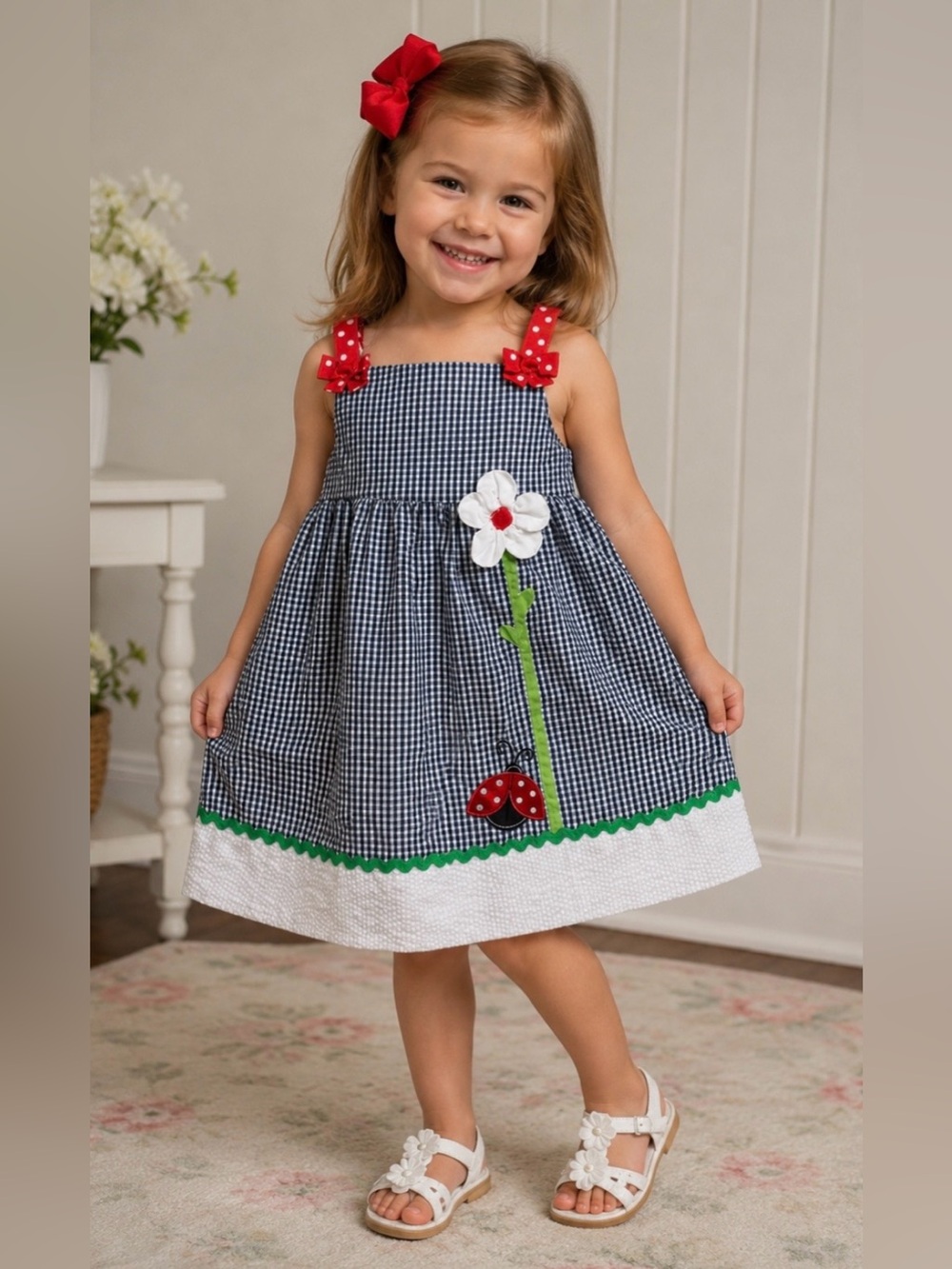 Emily Rose Blue Seersucker Gingham Appliquéd Dress with Ric Rac